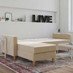 Ecksofa mit Bettfunktion in Creme Samt - Mikolos