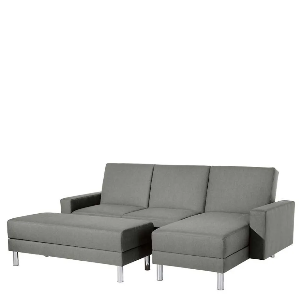 Ecksofa mit Hocker in Hellgrau mit Chrom - Setians (zweiteilig)