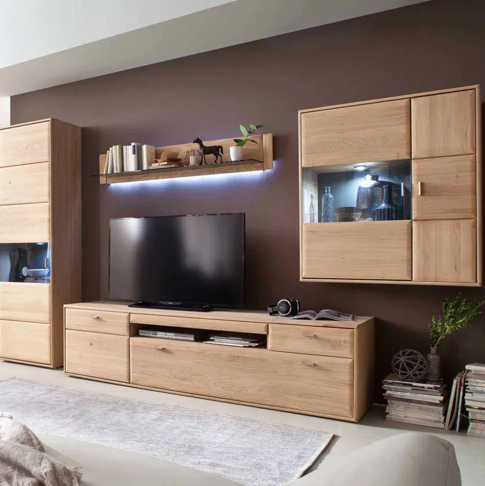 Edle Wohnwand in Eiche Bianco - Vernella (vierteilig)