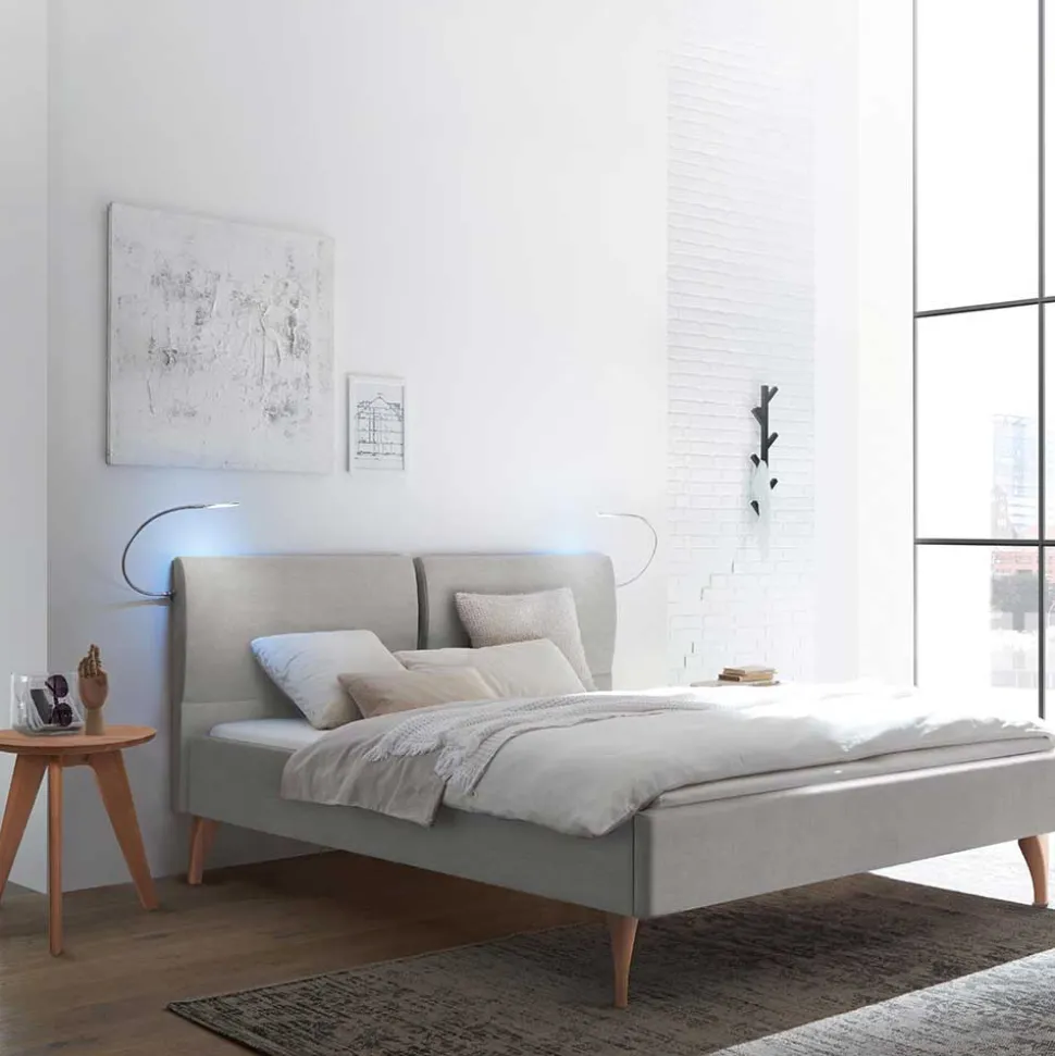 Elegantes Polsterbett in Grau und Kernbuche - Silka