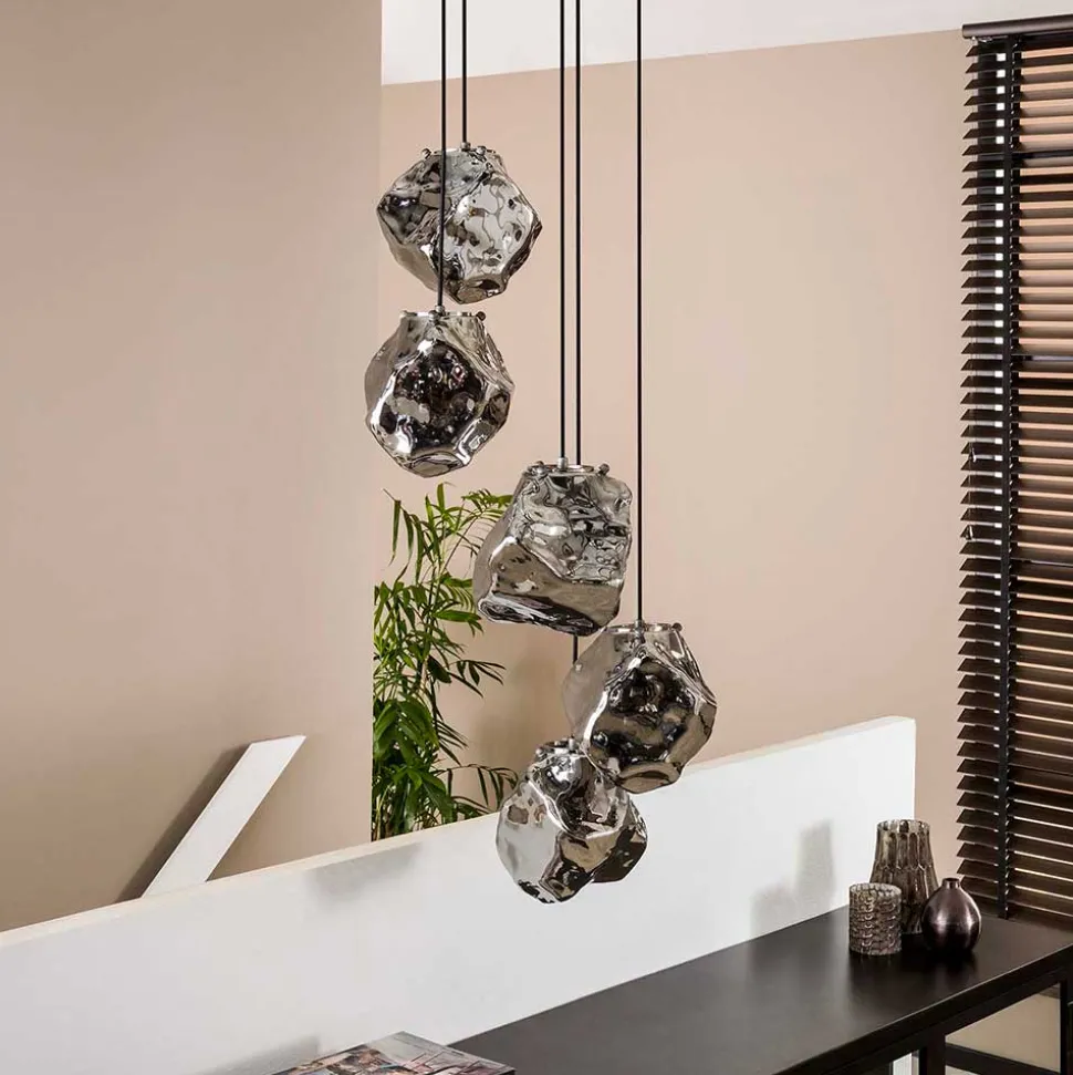 5-flammige Designer Pendelleuchte in Felsstein Optik - Mantua