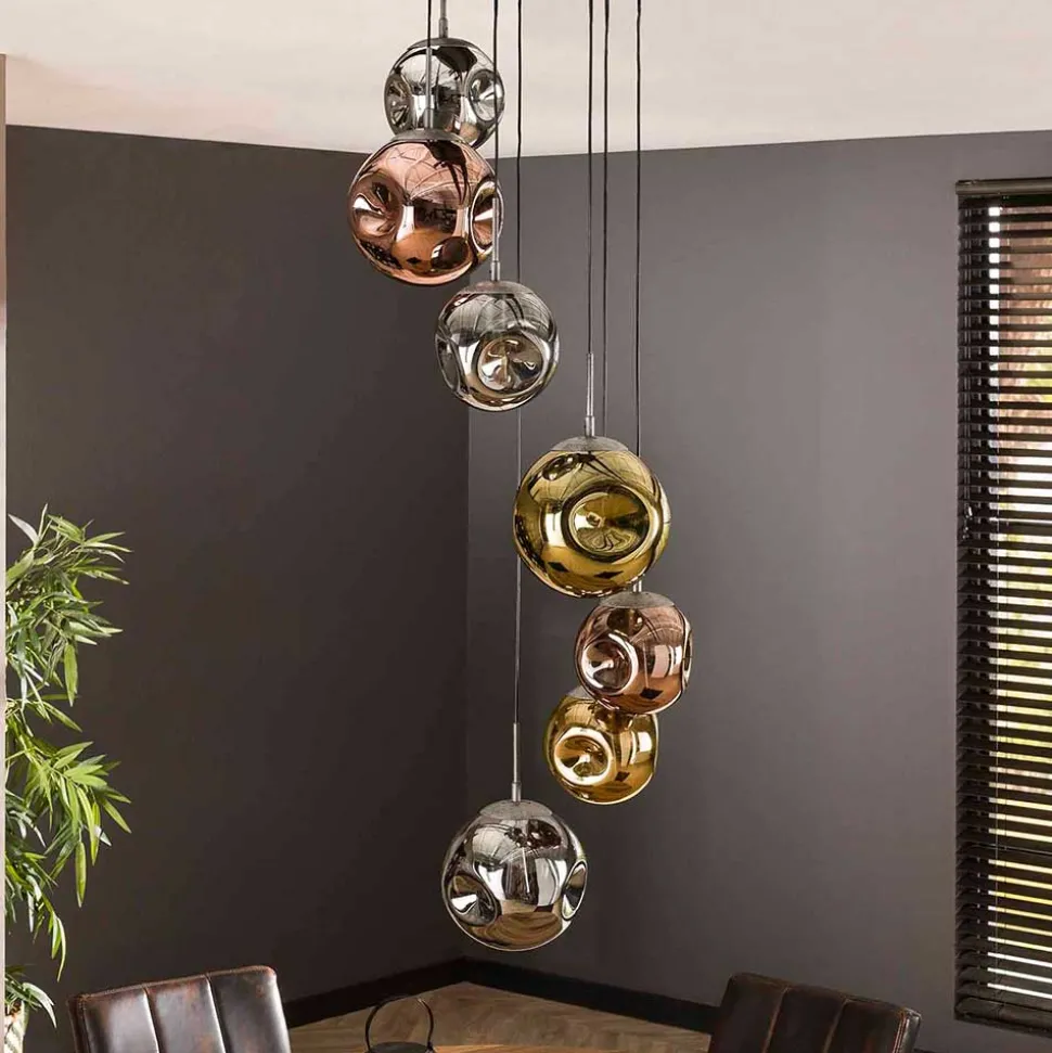 7-flammige Hängeleuchte mit Metallic Glasschirmen - Elizabeth