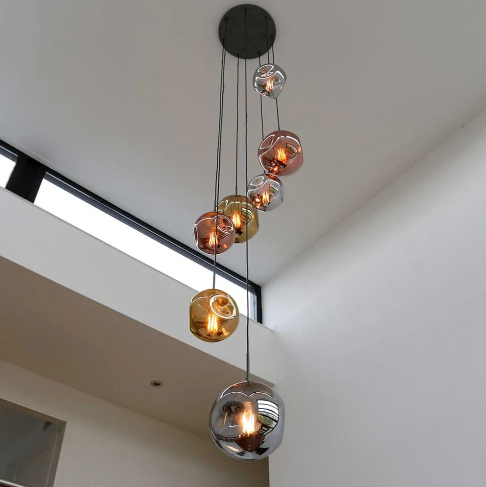 7-flammige Hängeleuchte mit Metallic Glasschirmen - Elizabeth