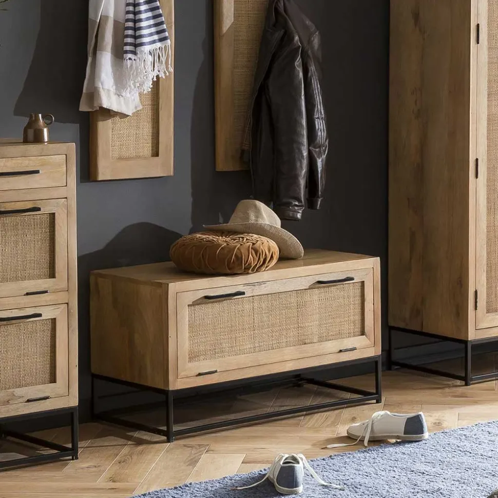 Flurbank mit Schuhklappe aus Holz & Rattan Geflecht - Lazianus