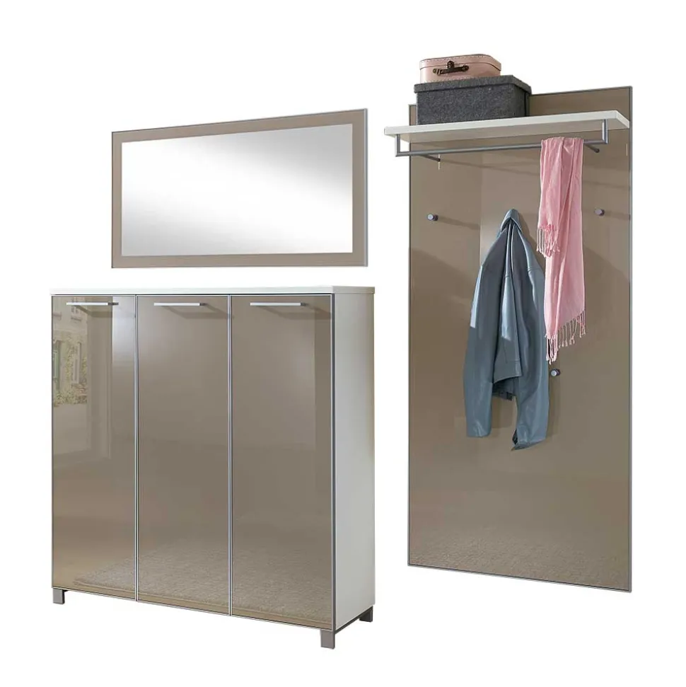 Garderobenmöbel Set Srocca in Taupe Glas beschichtet (dreiteilig)