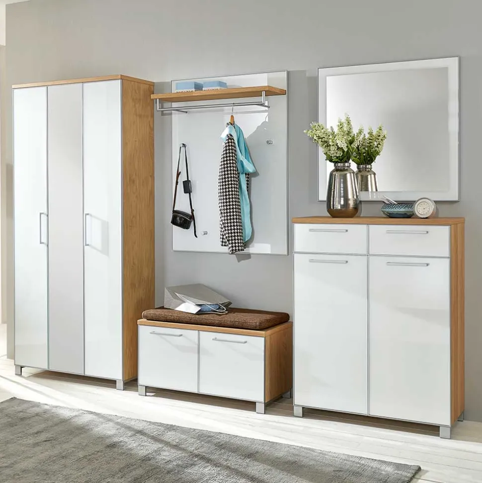 Garderobenmöbel Set Wynoca in Weiß Glas beschichtet (fünfteilig)
