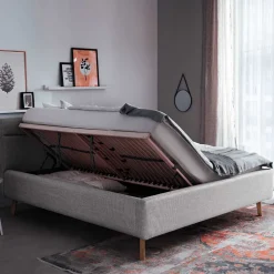 Gepolstertes Stauraumbett in Grau Stoff - Puni