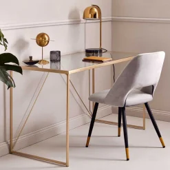 Glas-Schreibtisch mit Bügelgestell in Gold - Limgo