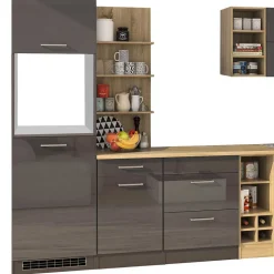 Graue Hochglanz-Küche mit Regalen - Bozenia (neunteilig)