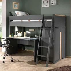 Graues Hochbett mit Schreibtisch - Mystik (dreiteilig)