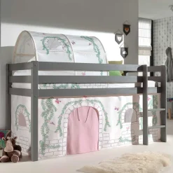 Graues Hochbettgestell mit Spieltunnel & Vorhang - Sercan