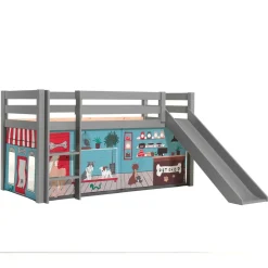 Graues Kinderhochbett mit Spielvorhang Tierladen - Lionca