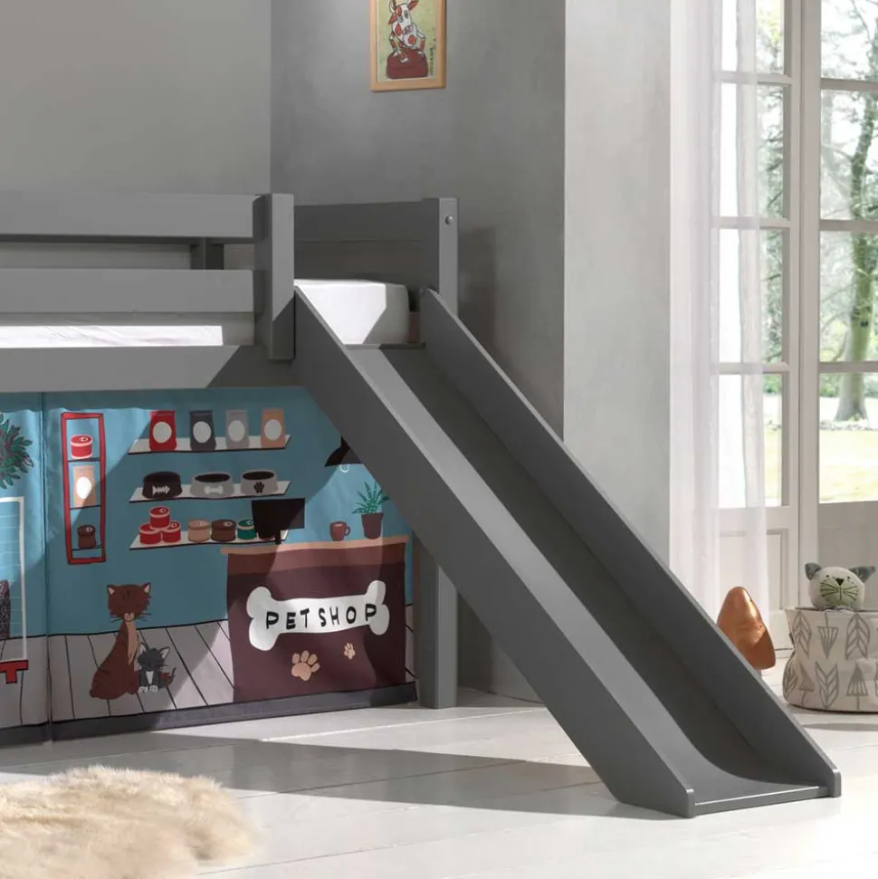 Graues Kinderhochbett mit Spielvorhang Tierladen - Lionca