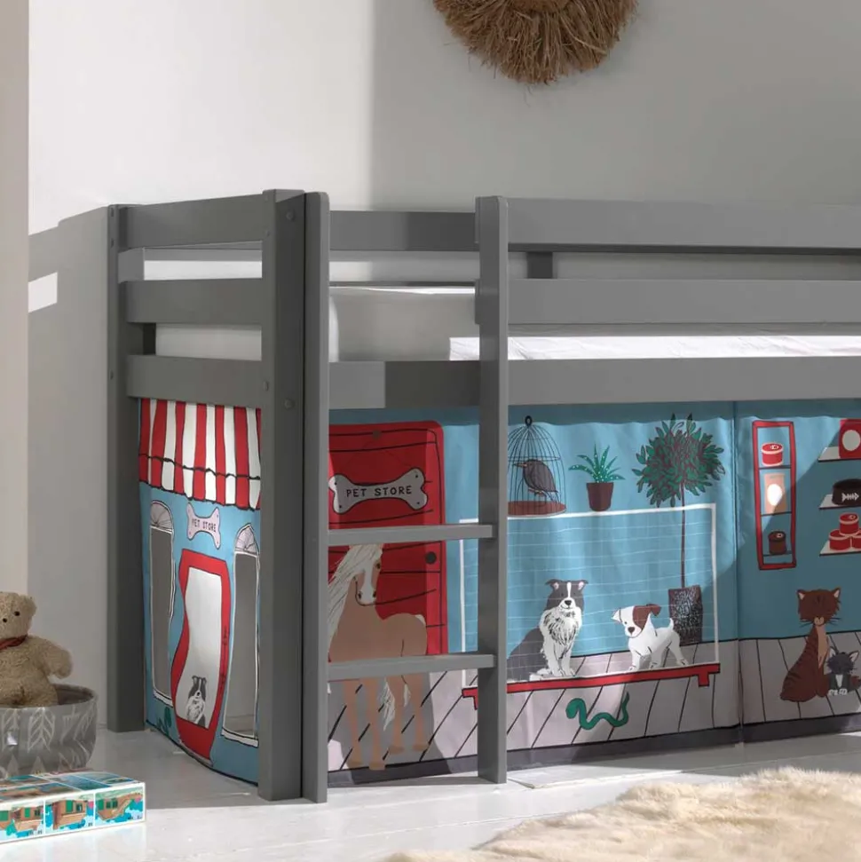 Graues Kinderhochbett mit Spielvorhang Tierladen - Lionca