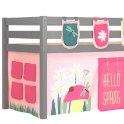 Graues Massivholz-Hochbett mit Vorhang & Taschen - Corsica