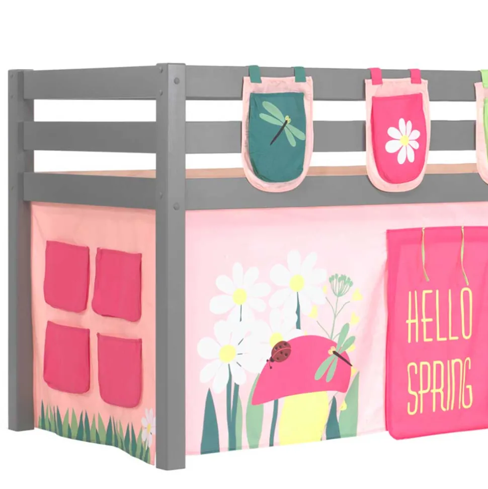 Graues Massivholz-Hochbett mit Vorhang & Taschen - Corsica