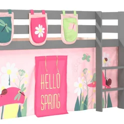 Graues Massivholz-Hochbett mit Vorhang & Taschen - Corsica