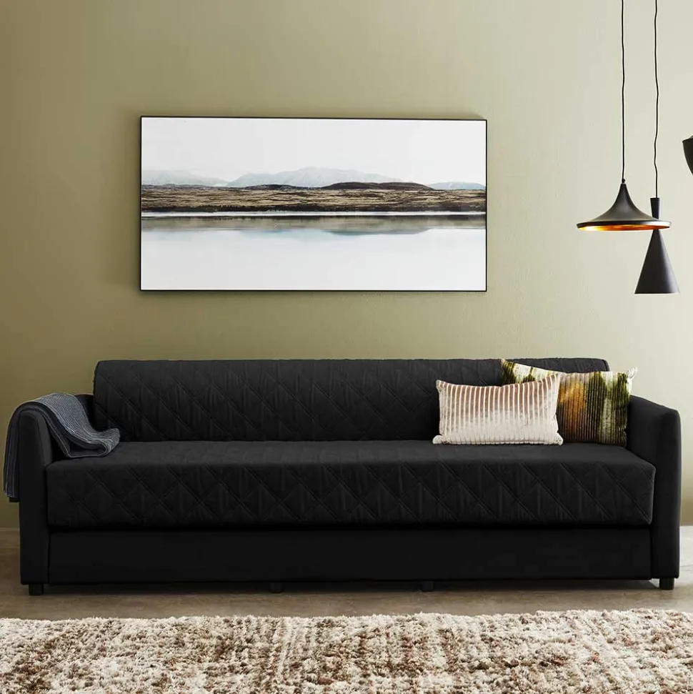 H2 Schlafcouch mit Topper in Schwarz Stoff - Casmanian