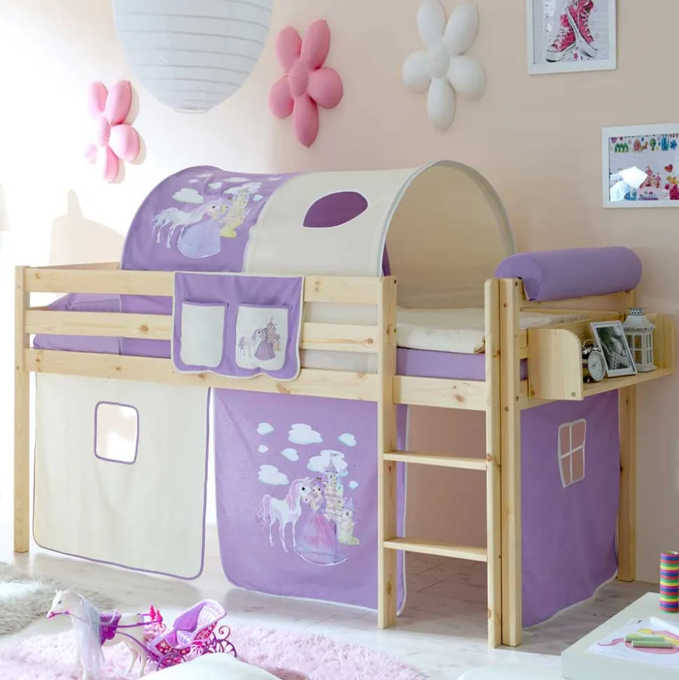 Halbhochbett Shoff mit Vorhang und Tunnel in Lila Weiß