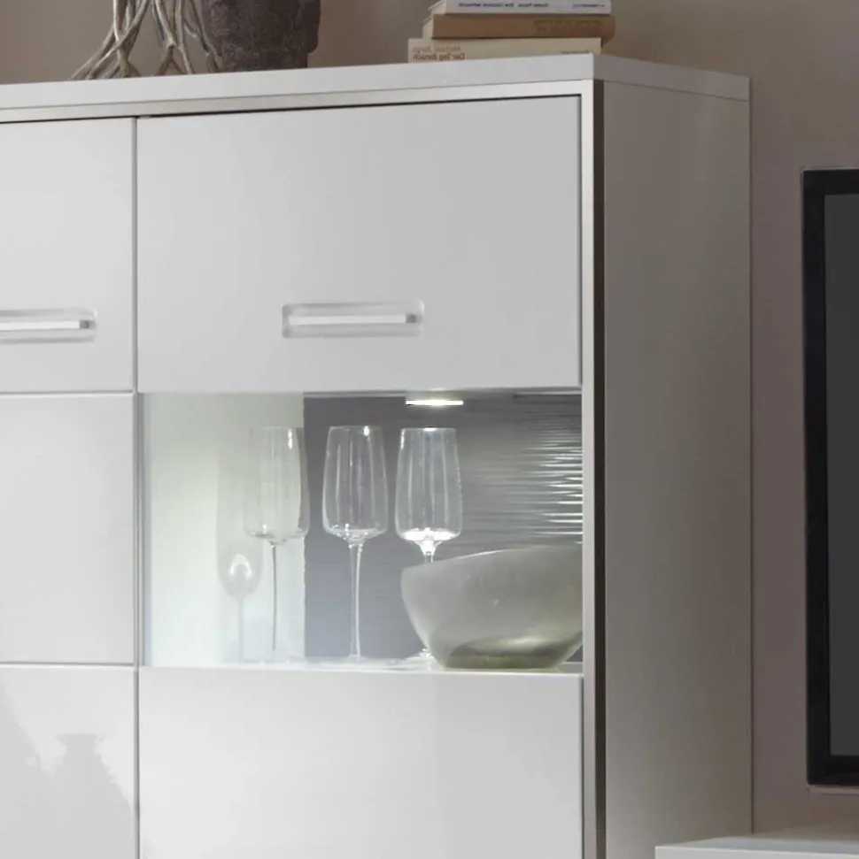 Highboard Tacroma in Hochglanz Weiß Glas
