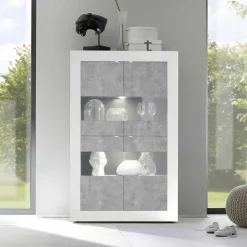 Highboard Vitrine in Beton Optik & Weiß HG - Narandu