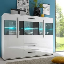 Highboard Vitrine Jetongos in Weiß Hochglanz Glas