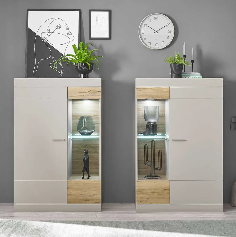 Highboard Vitrinen Set in Hellgrau - Lioscas (zweiteilig)