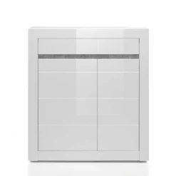 Hochglanz Highboard in Weiß Mextra mit Absetzung in Beton Optik