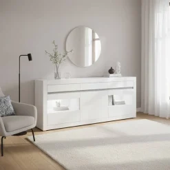 Hochglanz Sideboard in Weiß mit 2 Glaseinsätzen Mextra & Beton Dekor