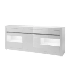 Hochglanz Sideboard in Weiß mit 2 Glaseinsätzen Mextra & Beton Dekor