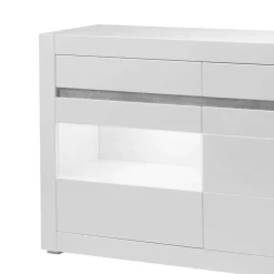 Hochglanz Sideboard in Weiß mit 2 Glaseinsätzen Mextra & Beton Dekor