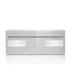 Hochglanz Sideboard in Weiß mit 2 Glaseinsätzen Mextra & Beton Dekor