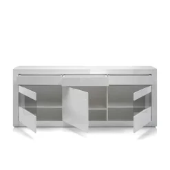 Hochglanz Sideboard in Weiß mit 2 Glaseinsätzen Mextra & Beton Dekor