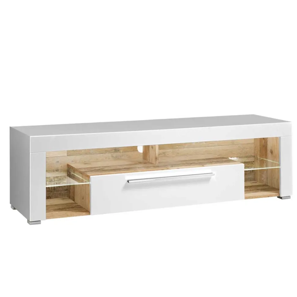 Hochglanz TV Board in Weiß & Holz Antik - Wouty