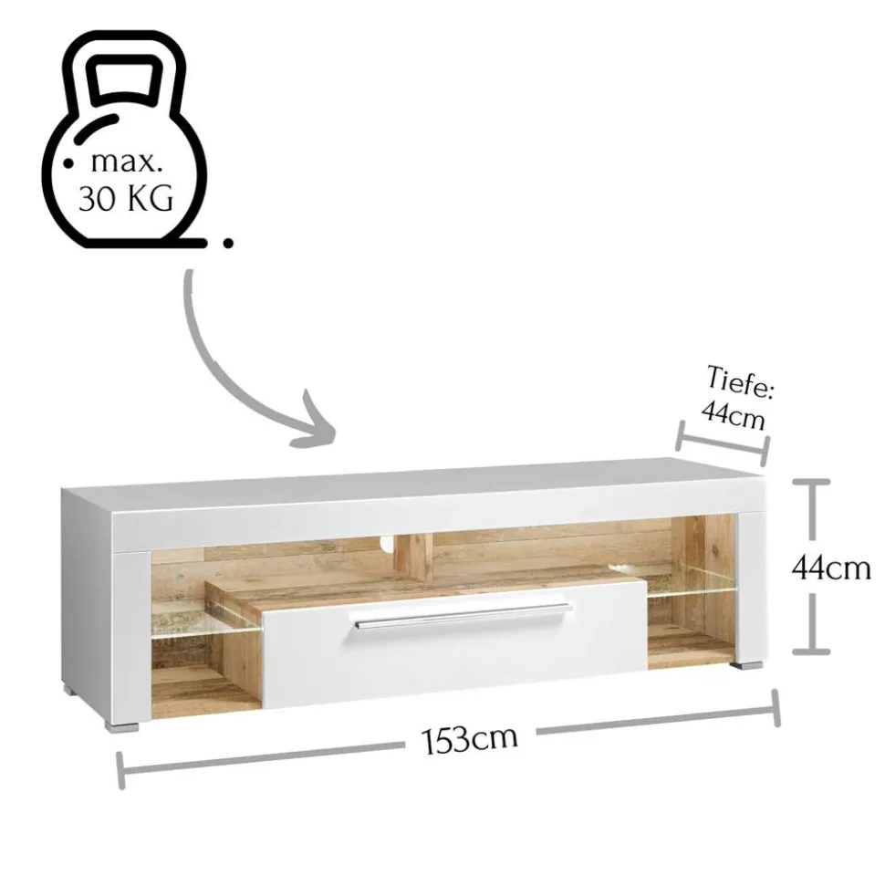Hochglanz TV Board in Weiß & Holz Antik - Wouty