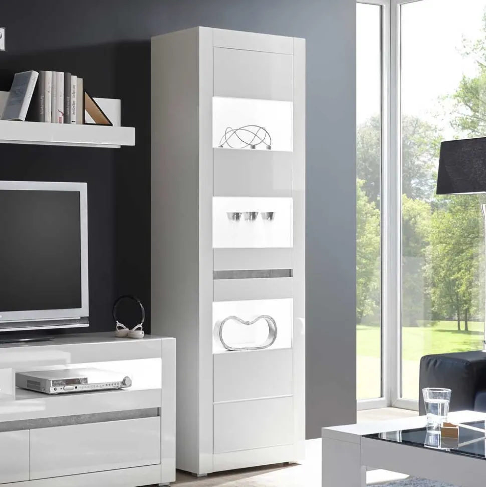 Hochglanz Vitrine in Weiß mit Beton Dekor Mextra 2-türig