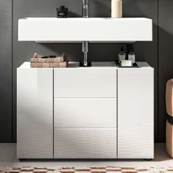 Hochglanz Waschbeckenschrank in Weiß foliert - Vitablos