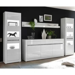 Hochglanz Wohnkombination in Weiß Mextra mit Beton Dekor & Glas (vierteilig)