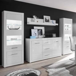 Hochglanz Wohnwand in Weiß Yulis mit Metallgriffen Chrom (vierteilig)