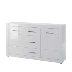 Hochglanz Wohnwand in Weiß Yulis mit Metallgriffen Chrom (vierteilig)