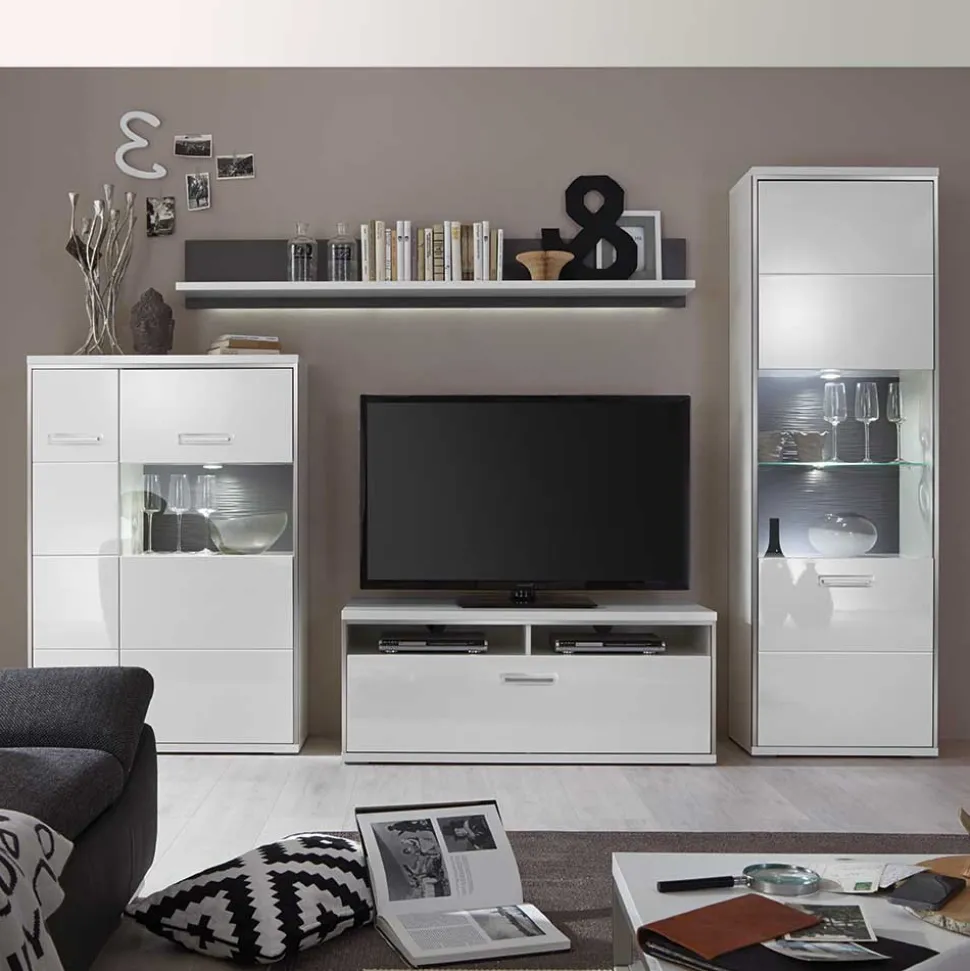 Hochglanz Wohnwand Tacroma in Weiß (vierteilig)