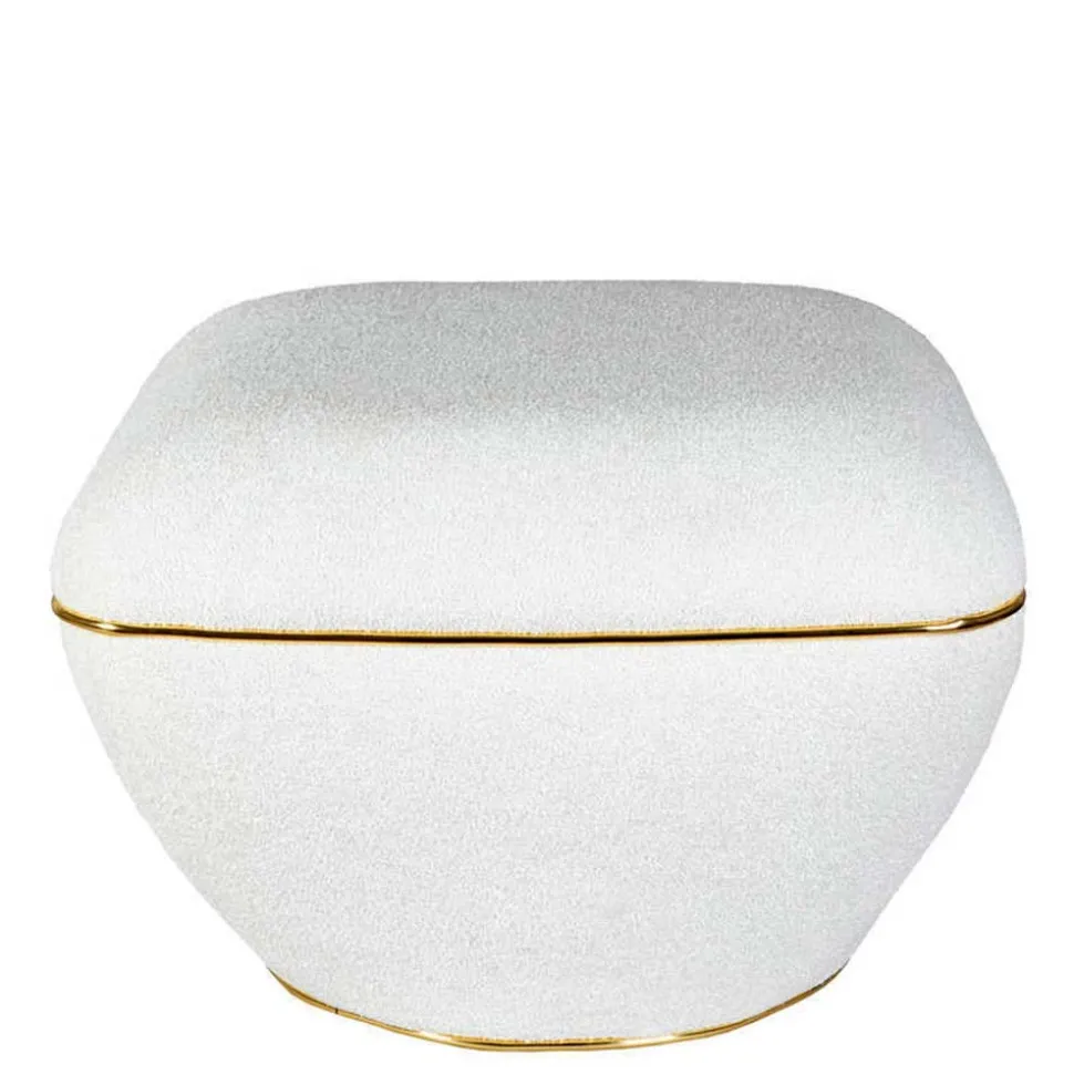 Hocker in Weiß Webplüsch mit Gold - Tandrea