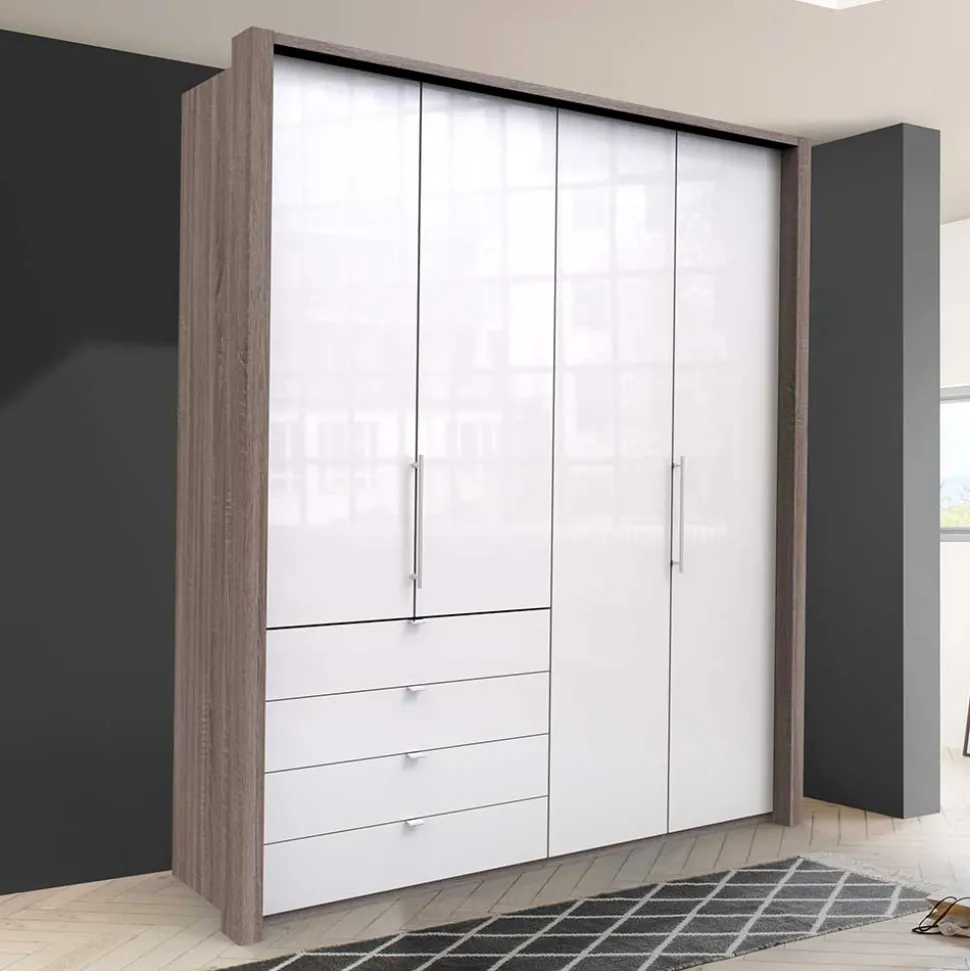 Hoher Kleiderschrank in Weiß Glas & Eiche Dunkel - Empresian