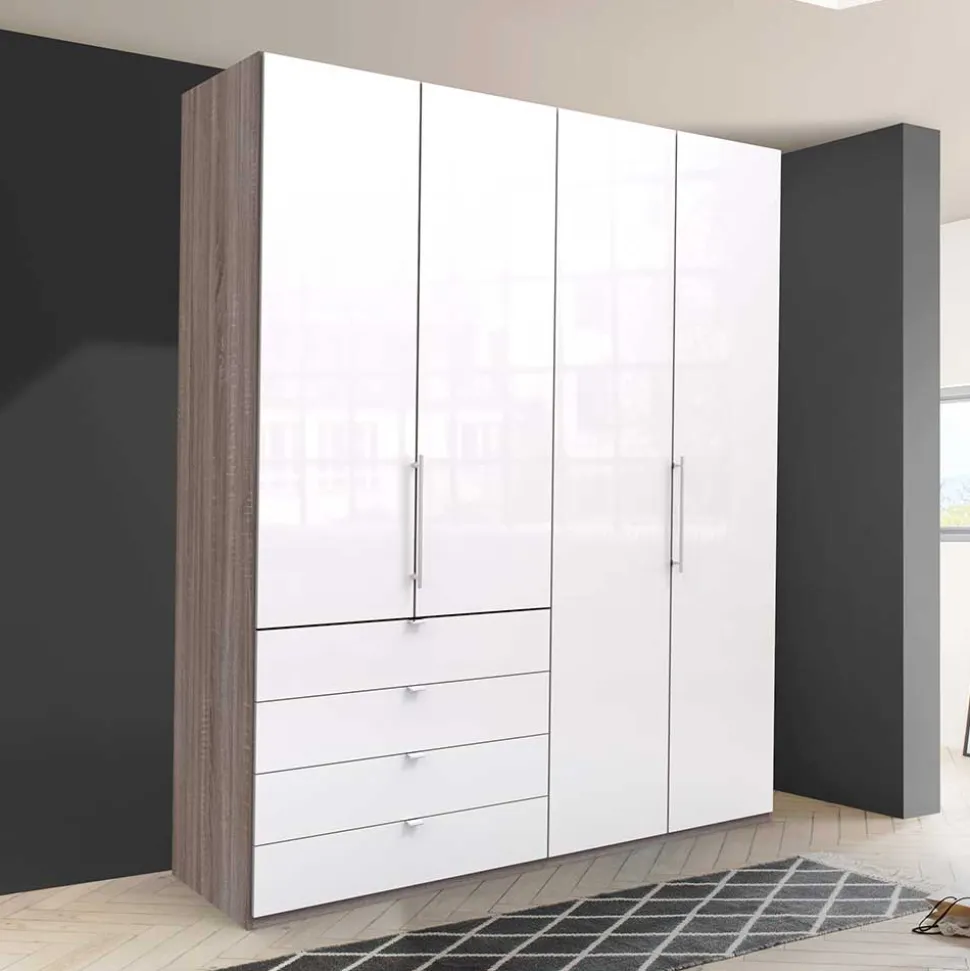 Hoher Kleiderschrank in Weiß Glas & Eiche Dunkel - Empresian