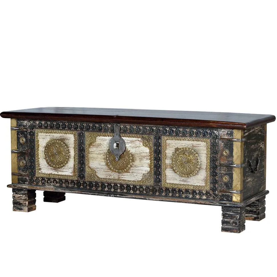 Holztruhe in Schwarz Antikweiß Bronze Braun - Rene