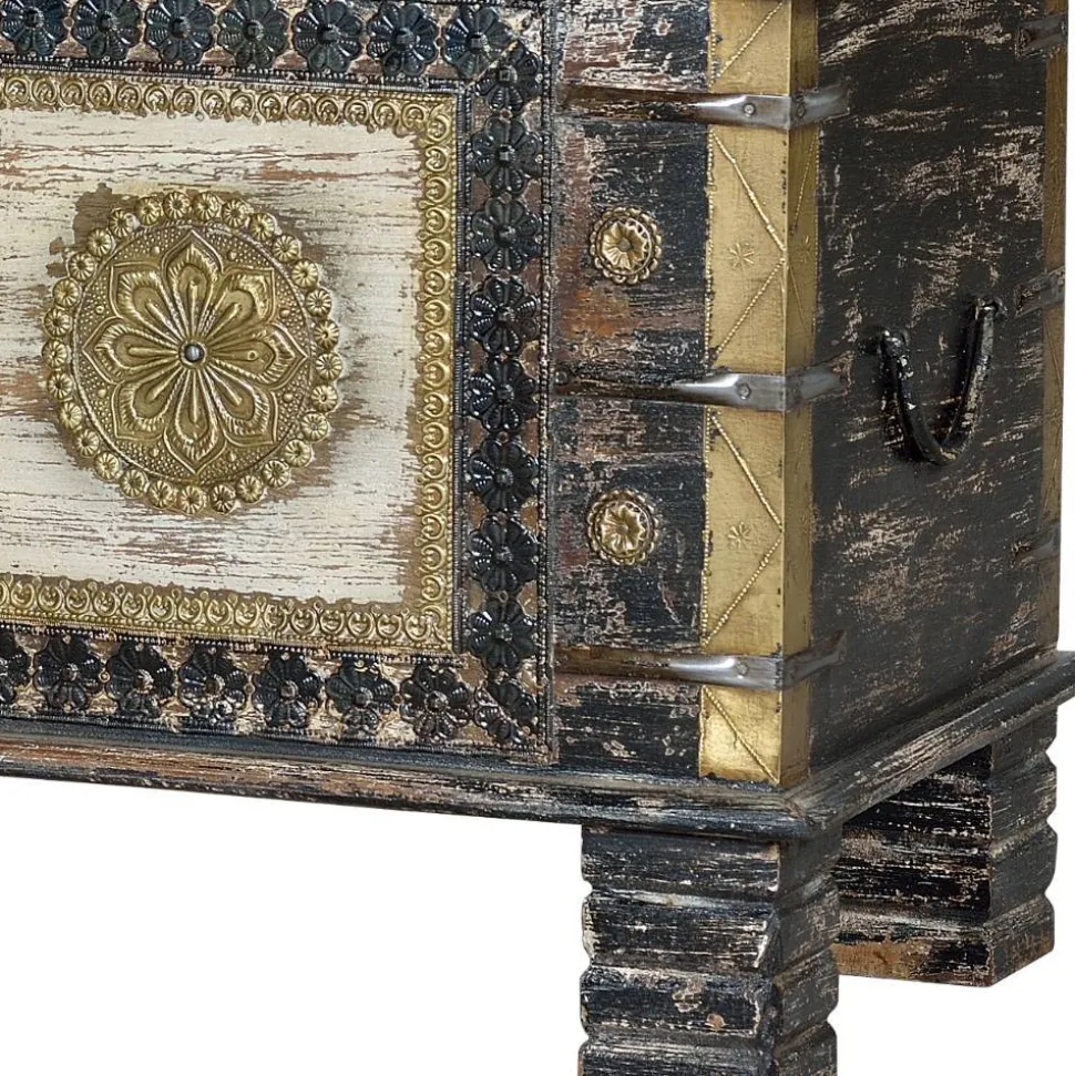 Holztruhe in Schwarz Antikweiß Bronze Braun - Rene