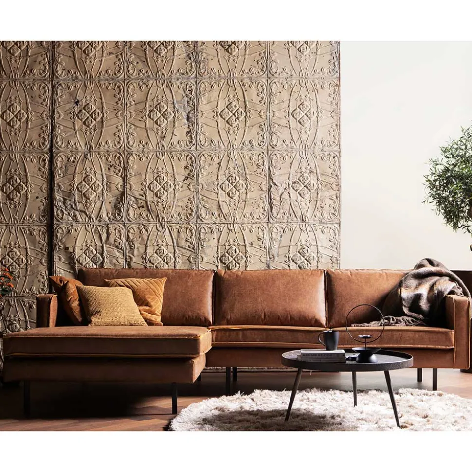 Kantiges Echtleder Ecksofa in Cognac Braun - Artemi