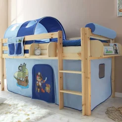 Kinderhochbett Sismail mit Vorhang und Tunnel im Piraten Design