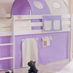 Kinderhochbett Turino mit Tunnel und Vorhang in Lila Beige