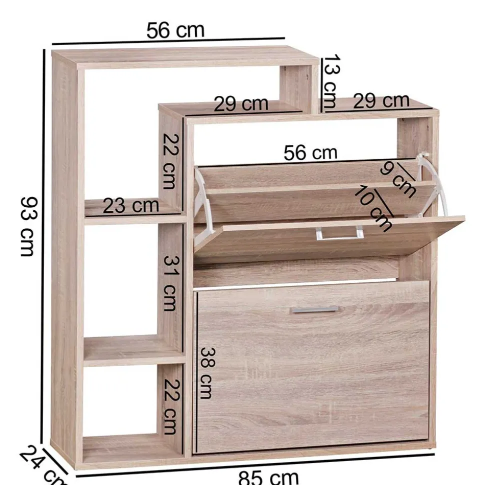 2-Klappen Schuhschrank mit drei offenen Regalfächern - Ilona